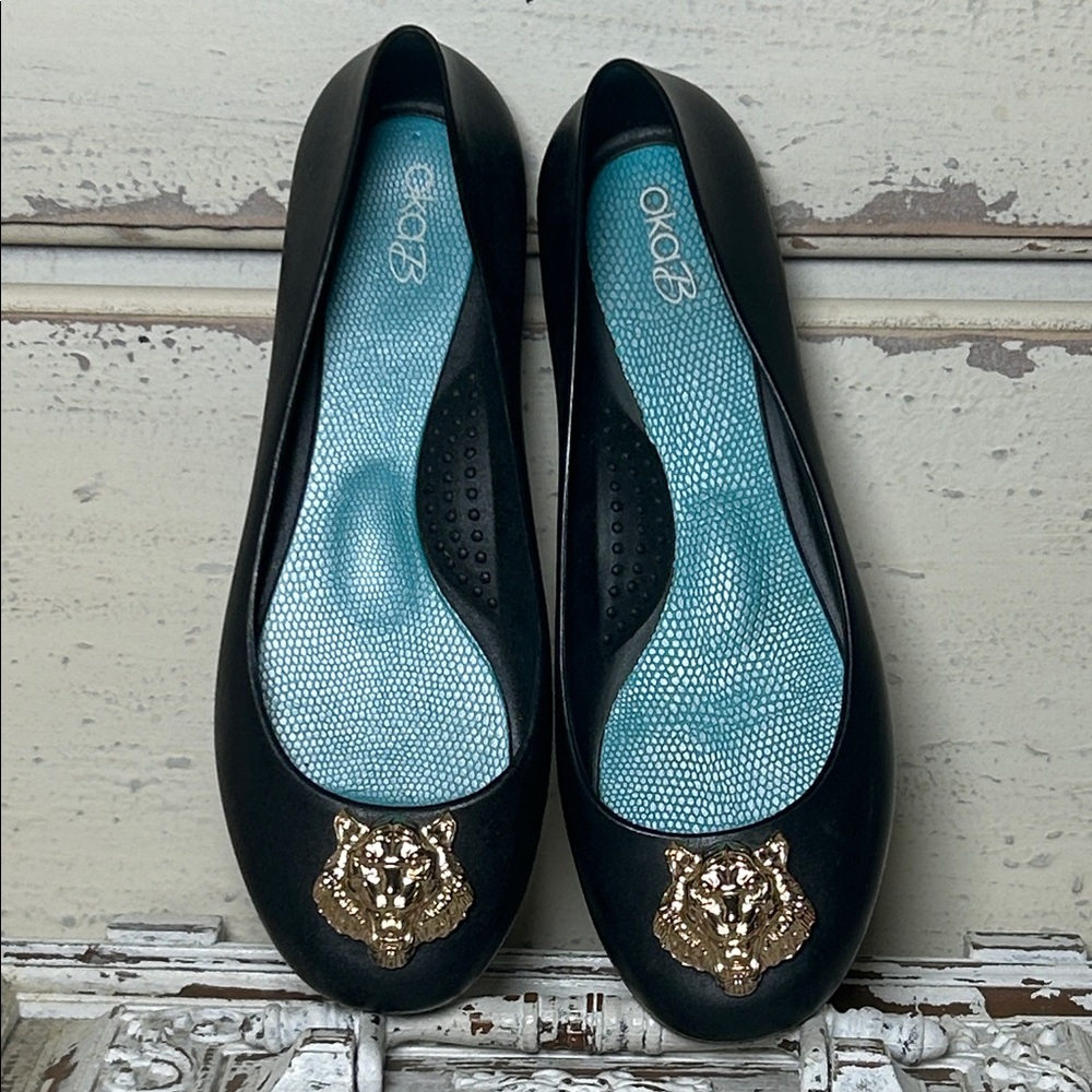 Oka B Okabashi Tiger Ballet Flats Black Jelly Rubber Slip-On Size 7